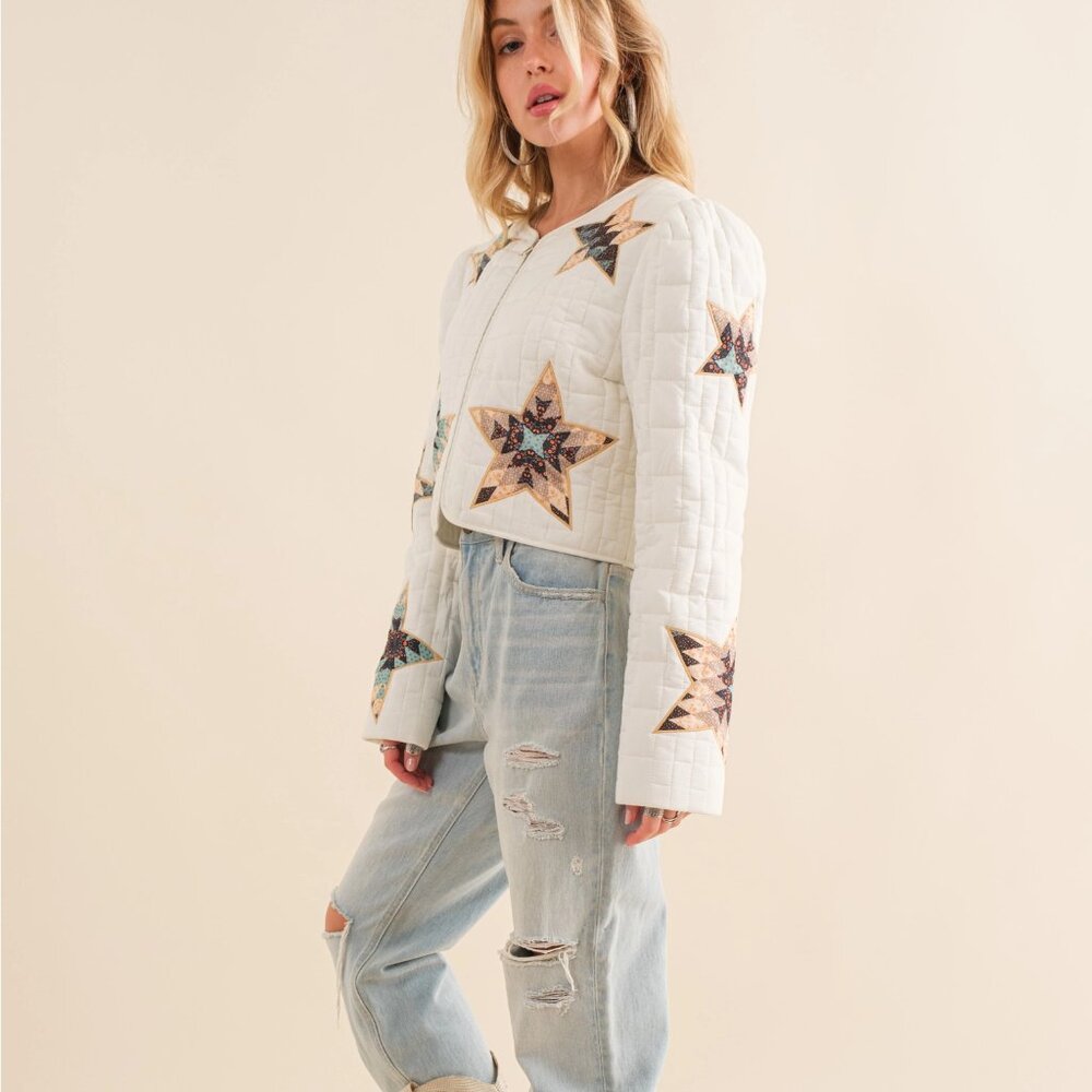 NWT patchwork Quilted Multi Star Embroidered Padded Zip Up Crop Western Jacket - Picture 4 of 7
